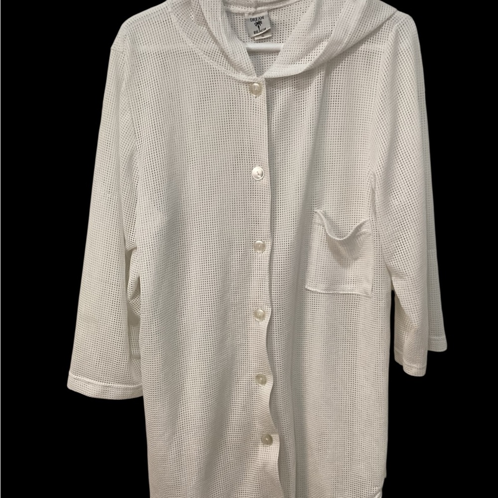 Dream Beach Bathing Suit Cover Up with Hood, White Knit Jacket 3/4 Sleeves